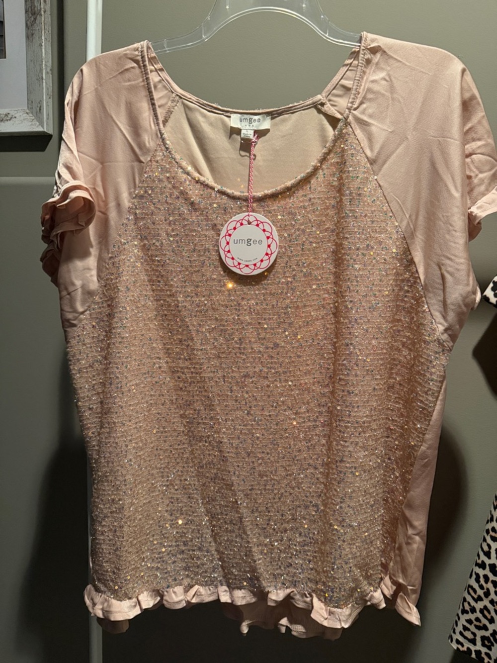 Umgee Blush Sequin Ruffle Short Sleeve Top